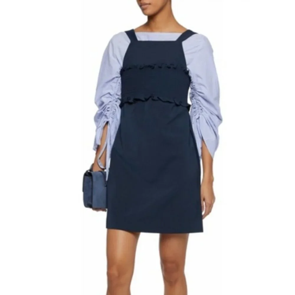 Anthropologie Tibi Ruffle Trimmed Cady Mini Dress Ruched Corset Pinafore Pockets - Picture 6 of 13